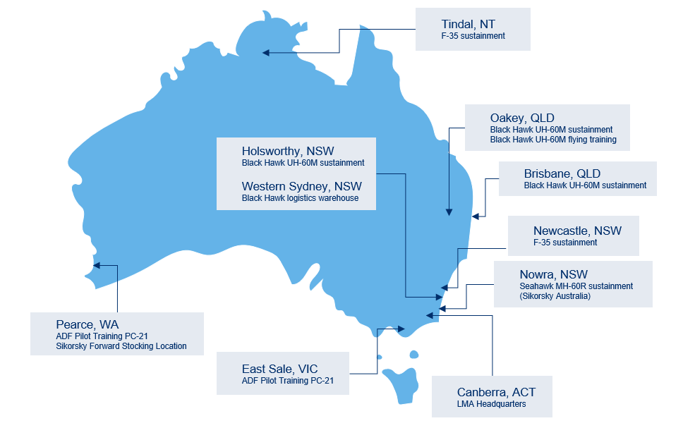 Aircraft sustainment locations across Australia
