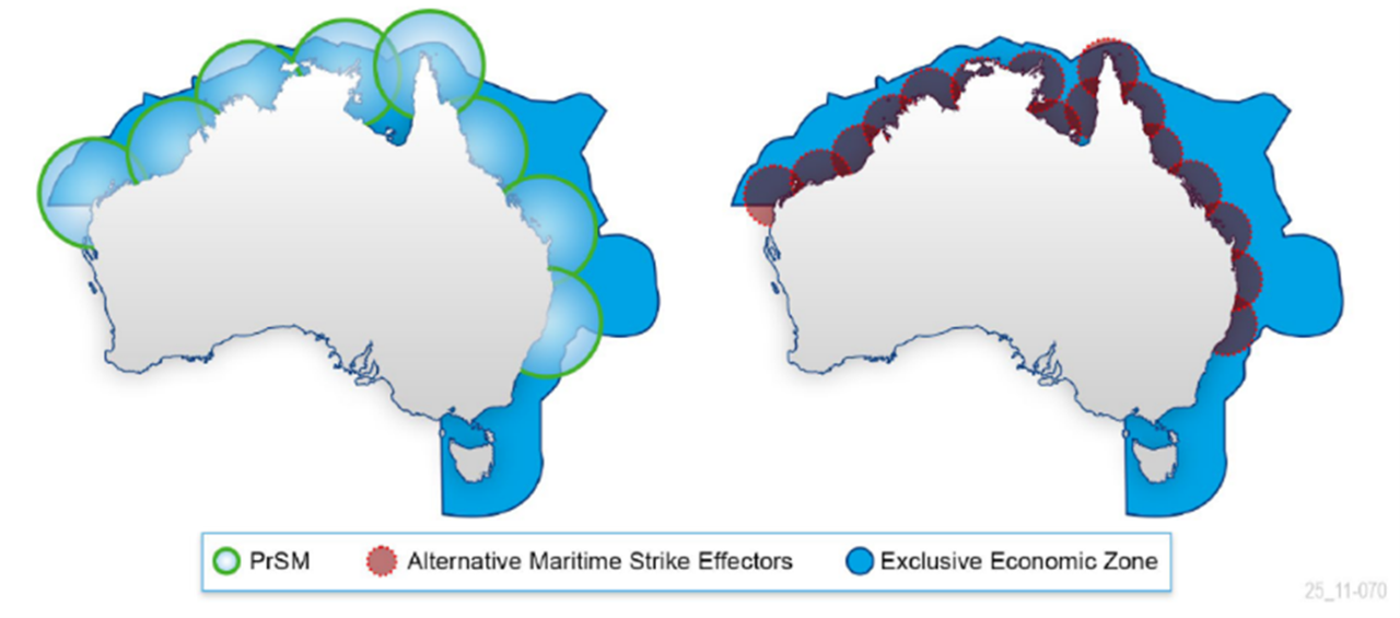 The 400+km strike range of the HIMARS-PrSM pairing compared with alternative maritime strike systems. 