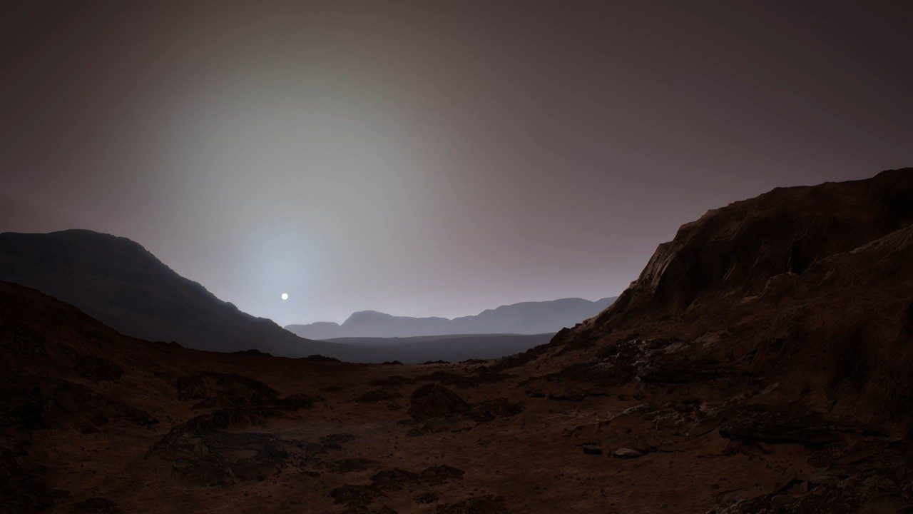 Artist interpretation of Mars at twilight.