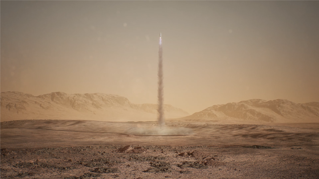 Artist interpretation of Lockheed Martin's Mars Sample Return lander on the Martian surface with NASA's Perseverance rover approaching from the background.
